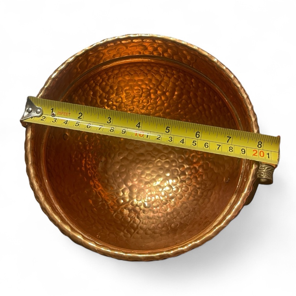 Hammered Copper Planter Ornate Brass Feet Handle Decorative Bowl Cauldron India - Picture 9 of 13